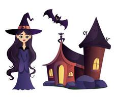 Witch set. A witch s house, a bat and a cute witch on a white background. vector