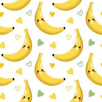 Seamless pattern with kawaii fruit drawing. Kids friendly pattern design with cute banana character on purple background vector