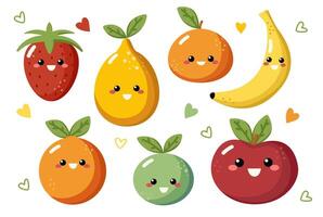 Cartoon fruit character set. Funny emoticon in flat style. Food emoji illustration. Strawberry, banana, orange, apple, tangerine, lemon, lime. vector