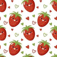Seamless pattern with kawaii fruits. Cheerful design for kids clothes with cute strawberry characters and sliced strawberry on pink background vector
