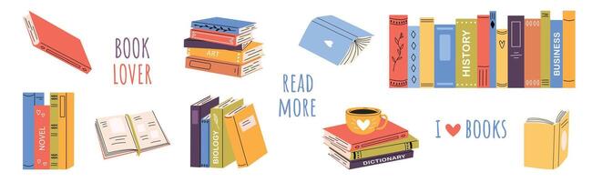 Set of books, stacks of books, encyclopedias, novels, textbooks, dictionaries. Cute collection with educational theme. Illustration with white isolated background. vector