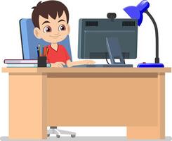 A cute boy sitting in front of the computer on-line learning and study at home vector