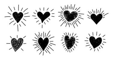 Set of textured drawn heart shape with beam. Sunburst doodle love elements. Illustration for grunge frame vector