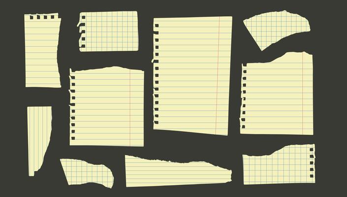 Notebook paper pieces of torn sheets of lined and square on black background. Set of ripped note list