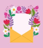 Blank greeting card blank envelope with frame flower. Floral pink bouquets outside envelope. Invitation paper in flat style vector