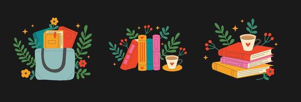 stack of books with flowers and cup. Textbooks in bag in flat style. vector