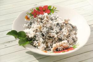 Gatot food with grated coconut topping, Gatot is a typical Indonesian food made from cassava which is dried for some time to produce a distinctive black color photo