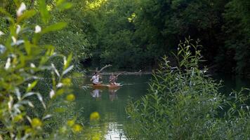two people are sailing along the river on sap surfs and communicating with each other video