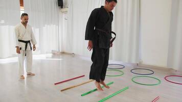 Two Men Train With Jumping Obstacle Exercises During Karate Training video