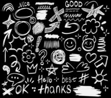 Set graffiti white elements. Drawing slogan in urban style. . Crown, arrow shape, star in outline brushstroke style. Hand drawn symbol. vector