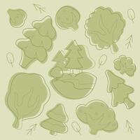 Set with trees and fir trees. Doodle clip art in pastel colors. vector