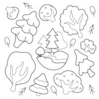 Doodle set with trees and fir trees. Black and white clip art illustration. vector