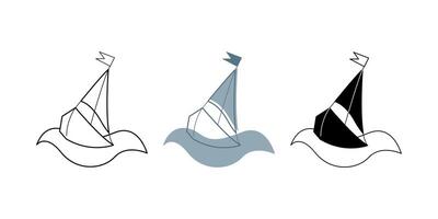 Set with three boats on a wave. Doodle clip art for your projects. vector