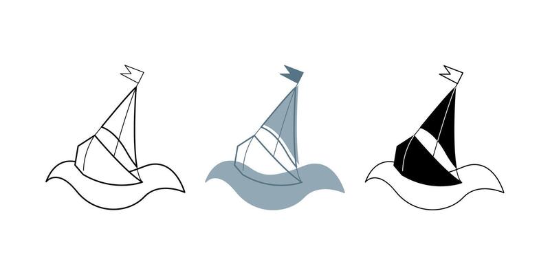 Set with three boats on a wave. Doodle clip art for your projects.