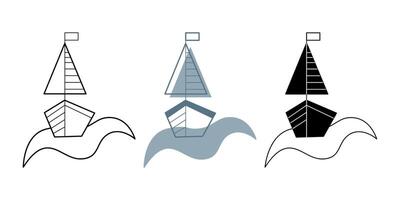 Front view of a set with three boats on a wave. Doodle clip art for your projects. vector