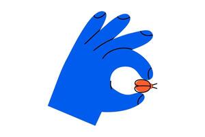 Hand drawn cute cartoon illustration of hand holding bug. Flat doodle arm caught beetle insect. Computer security icon. Find system network error. Virus alert. Repair code service. Isolated. vector