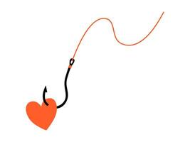 Hand drawn cute cartoon illustration of heart on hook with fishing line. Flat falling in love doodle. Abusive relationships. Find perfect match icon. Romantic codependent feelings. Isolated. vector