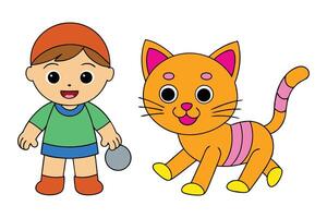 Charming of a cute cat playing with a kid, perfect for clipart and printable designs. vector