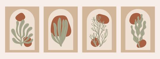 Minimalist set abstract seaweed posters in Matisse style. Luxury, natural, earthy tones. Organic shapes, perfect for modern interior decor and wall art. vector