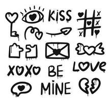 Set graffiti clip art. Urban street style. Valentine day elements. Y2k love set. Collection of heart, puzzle, eye, speech bubble, mail, tic tac toe. Splash effects and drops. Grunge and spray texture. vector
