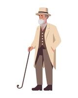 Senior man in coat walking with cane icon isolated vector