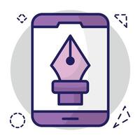 Pen with nodes inside smartphone, mobile bezier tool icon vector