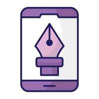 Pen with nodes inside smartphone, mobile bezier tool icon vector