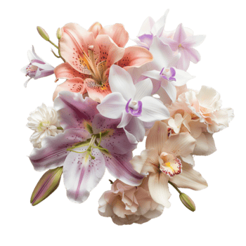 Beautiful bouquet of various flowers including lilies and orchids. png