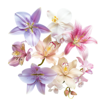 Pink and white lily flowers isolated. png