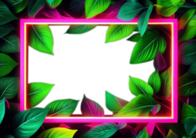 Pink neon frame encasing dense arrangement of lush green leaves on transparent background.Generated Image. png