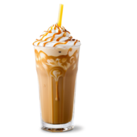 A glass of coffee with a yellow straw and a caramel drizzle on top. The drink is served in a tall glass, and the caramel drizzle adds a touch of sweetness to the beverage. png