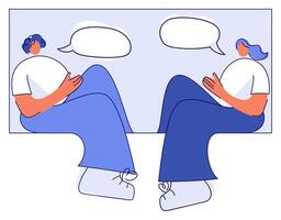 Illustration of two people, man and woman, conversation, dialog, speech bubble. Flat minimalist style, template illustration isolated on white background. vector