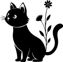 Floral Cat Silhouette, Elegant Black Stencil Art. AI-generated. png