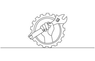 One continuous line drawing of the master's hand holds a wrench, hammer, with lettering Labor Day isolated on white background. 1st may celebration. illustration vector