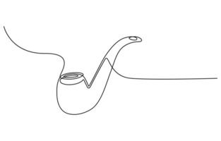 One continuous line drawing smoking pipe with smoke. Vintage tobacco pipe isolated on white background. Tube for smoking tobacco concept in a minimalistic linear style vector