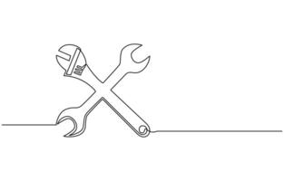One continuous line drawing of The monkey wrench, and wrench icon. A spanner is a tool for rotating nuts, bolts, and other parts. illustration vector