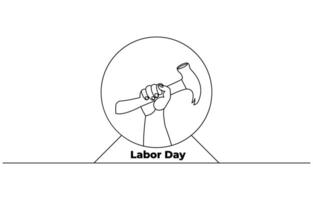 One continuous line drawing of the master's hand holds a wrench, hammer, with lettering Labor Day isolated on white background. 1st may celebration. illustration vector