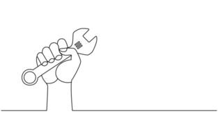 One continuous line drawing of the master's hand holds a wrench, hammer, with lettering Labor Day isolated on white background. 1st may celebration. illustration vector