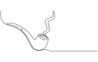 One continuous line drawing smoking pipe with smoke. Vintage tobacco pipe isolated on white background. Tube for smoking tobacco concept in a minimalistic linear style vector