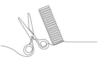 Scissors and comb business icon. Continuous thin line drawing. illustration, Scissor and comb continuous one line drawing illustration vector