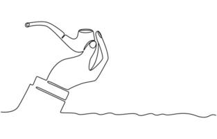 One continuous line drawing smoking pipe with smoke. Vintage tobacco pipe isolated on white background. Tube for smoking tobacco concept in a minimalistic linear style vector