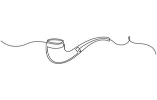 One continuous line drawing smoking pipe with smoke. Vintage tobacco pipe isolated on white background. Tube for smoking tobacco concept in a minimalistic linear style vector