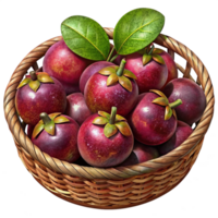 Mangosteens Fruit in Wicker Basket 3d Render png