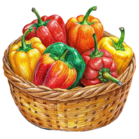 Bell Peppers in A Wicker Basket Hand Drawn Art png