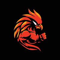 Muscular chicken mascot illustration, as a selection of logos and graphics on a black background vector