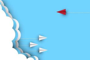Metaphor Photo.Top View. Different, Leader Individuality Concept. Unique Paper Plane Flying Up in the Sky, look like a Spaceship Release from Ground. vector