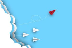 Different, Leader Individuality Concept. Unique Paper Plane Flying Up in the Sky. look like a Spaceship Release from Ground. vector