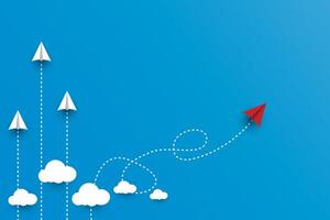 Paper red airplane with white airplane, leadership, flying from cloudscape on blue sky. Paper art style of start up vector