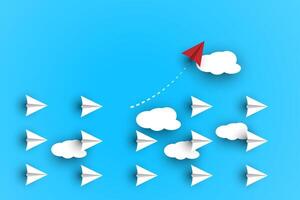 Business for innovative solution concept. Group of white paper plane in one direction and one red paper plane pointing in different way vector