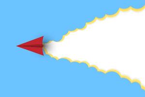 aerial view layered paper cut style illustration. Airplane flying over world. Paper airplane in the sky with clouds. vector